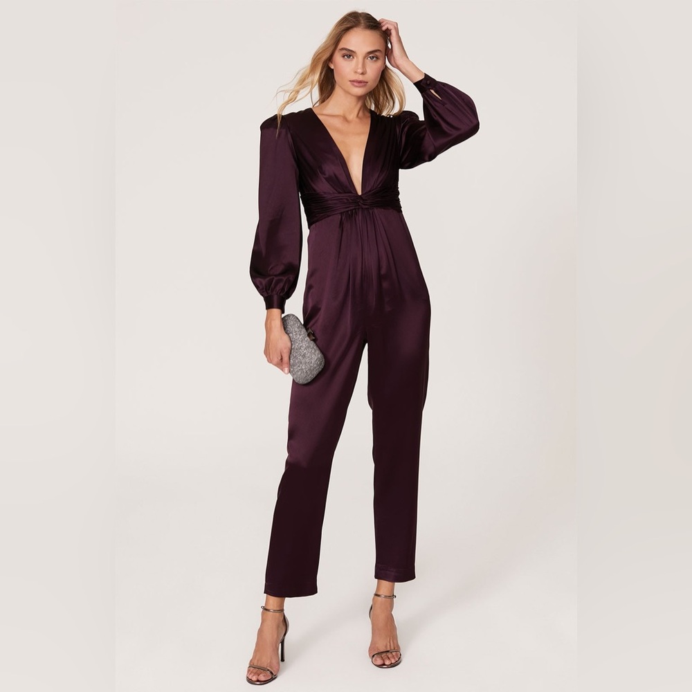 MAC DUGGAL long sleeve v neck satin jumpsuit in plum purple size 6‎